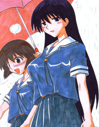  2girls azumanga_daioh&#039;s_school_uniform azumanga_daiou black_hair blue_serafuku blue_shirt blush bob_cut breasts brown_eyes brown_hair commentary_request from_below holding holding_umbrella kaori_(azumanga_daioh) large_breasts long_hair looking_down marker_(medium) medium_breasts multiple_girls open_mouth parted_lips poinikusu rain sakaki_(azumanga_daioh) school_uniform serafuku shared_umbrella shirt short_hair skirt smile summer_uniform sweat traditional_media umbrella yuri 