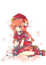  bad_id bad_pixiv_id blue_eyes boots braid dress female full_body gloves hat highres kneeling lolicon long_hair lyrical_nanoha mahou_shoujo_lyrical_nanoha mahou_shoujo_lyrical_nanoha_a&#039;s noroi_usagi red_hair solo stuffed_animal stuffed_rabbit stuffed_toy twin_braids vita_(nanoha) yu_yu 