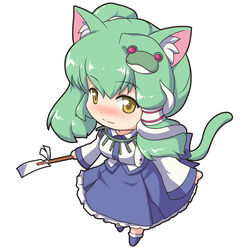  animal_ears blush cat_ears cat_tail chibi commentary_request detached_sleeves female frog gohei green_hair japanese_clothes kemonomimi_mode kochiya_sanae short_hair simple_background snake solo tail tdk touhou yellow_eyes 