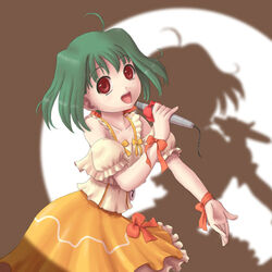  ahoge bad_id bad_pixiv_id bare_shoulders dress female green_hair harak lowres macross macross_frontier microphone orange_dress ranka_lee red_eyes short_hair smile solo 