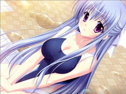  blue_hair bow choco_chip competition_swimsuit dutch_angle female game_cg hairbow imageboard_desourced long_hair non-web_source one-piece_swimsuit onoshima_kusumi prima_stella purple_eyes solo swimsuit 