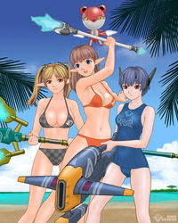  2008 3girls :d arm_up bare_legs beach bikini blonde_hair blue_eyes blue_hair blue_sky breasts brown_eyes brown_hair checkered cloud commentary_request coni day energy_weapon expressionless fighting_stance flying gun horizon huge_weapon light_smile long_hair multiple_girls navel one-piece_swimsuit open_mouth orange_bikini outdoors palm_tree phantasy_star phantasy_star_universe pointy_ears red_eyes robot robot_ears school_swimsuit short_hair sino_(mechanized_gallery) sky smile staff standing swimsuit technic_combat_support_machine tree twintails wand weapon 