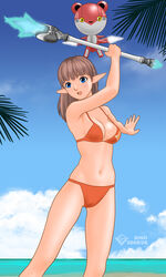  2008 arm_up beach bikini blue_eyes blue_sky breasts brown_hair cloud commentary_request coni day energy_weapon female fighting_stance flying horizon long_hair navel orange_bikini outdoors palm_tree partner_machine phantasy_star phantasy_star_universe pointy_ears robot sino_(mechanized_gallery) sky solo standing swimsuit technic_combat_support_machine tree wand 