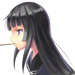  black_hair blunt_bangs commentary_request crazyodin female food ga-rei ga-rei_zero isayama_yomi long_hair photoshop_(medium) pocky purple_eyes solo 