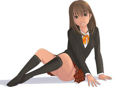  blazer brown_eyes brown_hair female full_body grin jacket kiriman_(souldeep) kneehighs long_sleeves looking_at_viewer miniskirt no_shoes original panties pantyshot plaid plaid_skirt pleated_skirt red_skirt school_uniform shadow simple_background sitting skirt smile socks solo underwear white_background 