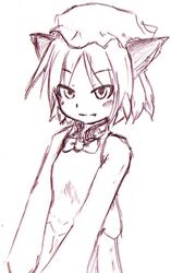  animal_ears cat_ears chen commentary_request female hat monochrome oerba_yun_fang purple_theme short_hair sketch solo tetsuji touhou 