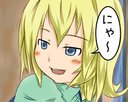  blonde_hair blue_eyes commentary_request female open_mouth original short_hair solo tetsuji 