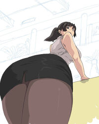  ass bad_id bad_pixiv_id black_hair brown_eyes female from_below holon huge_ass maaru mall pantyhose pencil_skirt photoshop_(medium) ponytail real_drive short_hair skirt solo 