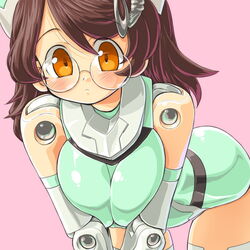  bad_id bad_pixiv_id bare_shoulders bent_over blush breasts breasts_squeezed_together bright_feather_(busou_shinki) brown_hair busou_shinki cowboy_shot dd_(ijigendd) doll_joints female glasses green_leotard hair_ornament halterneck hat joints large_breasts leotard long_hair looking_at_viewer nurse nurse_cap orange_eyes parted_bangs pink_background rimless_eyewear simple_background solo thighhighs v_arms 