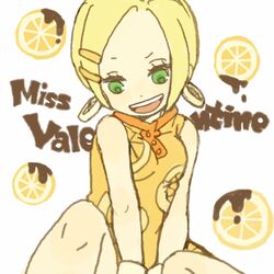  blonde_hair character_name commentary_request earrings female food fruit fruit_background green_eyes hair_ornament hairclip jewelry lemon miss_valentine one_piece short_hair solo yukke 