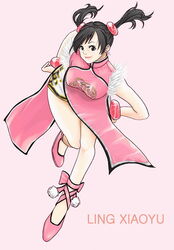  black_hair brown_eyes character_name china_dress chinese_clothes dress female hybrid_cat legs ling_xiaoyu lips smile solo tekken twintails 