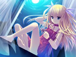  barefoot blonde_hair blue_eyes cup curtains feet female flat_chest hair_ribbon himemiya_hiori indoors koku moon night night_sky ribbon sitting sky solo stellula_eques teacup twintails window 