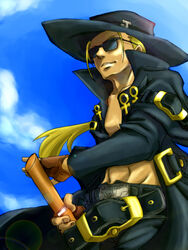  1boy blonde_hair commentary_request guilty_gear hat johnny_(guilty_gear) kuroi_7 male_focus pirate solo sunglasses sword weapon 