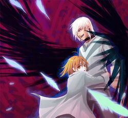  1boy accelerator_(toaru_majutsu_no_index) age_difference ahoge albino bad_id bad_pixiv_id black_choker black_wings brown_hair choker diagonal-striped_shirt diagonal_stripes electrodes energy energy_wings falling_feathers feathered_wings feathers female glowing_feather height_difference koga_(yamazaki) last_order_(toaru_majutsu_no_index) lolicon magic medium_hair photoshop_(medium) psychic red_eyes shirt striped_clothes striped_shirt toaru_majutsu_no_index toaru_majutsu_no_index:_old_testament white_hair wings 