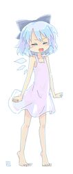  barefoot blue_hair cirno commentary_request crying feet female full_body hair_ribbon lolicon no_nose oekaki ribbon roku_(warrock) see-through_silhouette signature simple_background skinny solo standing tears tiptoes touhou wings 