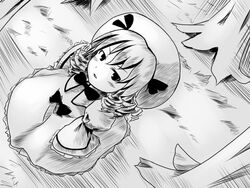  bow commentary_request drill_hair female greyscale hat luna_child monochrome sketch solo tetsuji touhou tree 