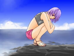  ayane_(doa) bikini bikini_top_only dead_or_alive female hybrid_cat midriff ocean purple_hair red_eyes sandals short_hair shorts solo swimsuit 