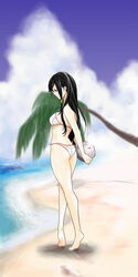  ball beach bikini black_hair brown_eyes butt_crack day dead_or_alive female hybrid_cat kokoro_(doa) legs lips long_hair ocean outdoors palm_tree solo swimsuit tree volleyball volleyball_(object) 