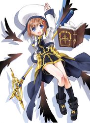  blue_eyes book brown_hair commentary_request female hair_ornament hairclip hat highres kakashichi kneehighs lyrical_nanoha mahou_shoujo_lyrical_nanoha mahou_shoujo_lyrical_nanoha_a&#039;s schwertkreuz short_hair smile socks solo staff tome_of_the_night_sky wings x_hair_ornament yagami_hayate 