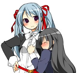  2girls :&lt; amatsuka_tsurara amatsuka_urara baby_princess belt black_hair black_jacket blue_hair blunt_bangs blush bow bowtie closed_eyes closed_mouth frown hair_ribbon hand_on_own_hip jacket koshou_shichimi long_hair long_sleeves looking_at_viewer multiple_girls no_pupils nose_blush open_clothes open_jacket profile purple_eyes red_ribbon ribbon shirt shirt_grab simple_background sweat swept_bangs twintails upper_body very_long_hair white_background white_bow white_bowtie white_shirt wince 