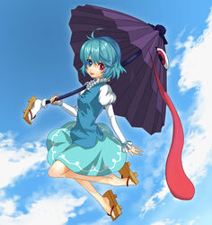  :p ahoge bad_id bad_pixiv_id blue_eyes blue_hair cloud day female flying geta heterochromia highres karakasa_obake purple_umbrella red_eyes sandals shadow short_hair sky solo tatara_kogasa tongue tongue_out touhou umbrella yuru_(kashima) 