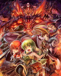  3boys 3girls annotation_request armor armpits bare_shoulders breastplate commentary_request edobox family fire green_eyes green_hair gustaf horns looking_at_viewer meythia monster multi-tied_hair multiple_boys multiple_girls pantyhose pantyhose_under_shorts partially_annotated photoshop_(medium) primiera_(saga) roberto_(saga) saga saga_frontier_2 shorts upper_body virginia_knights william_knights 