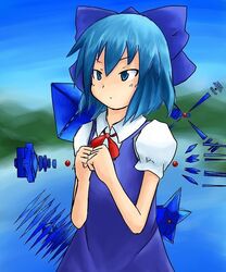  angel_(evangelion) blue_dress blue_eyes blue_hair bow cirno commentary_request dress female hairbow neon_genesis_evangelion oekaki parody puffy_short_sleeves puffy_sleeves ramiel_(evangelion) rebuild_of_evangelion short_hair short_sleeves solo tetsuji touhou wings 