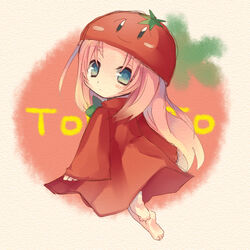  bad_id bad_pixiv_id barefoot female hanepochi hat long_hair megurine_luka megurine_luka_(toeto) pun solo toeto_(vocaloid) tomato tomato_costume vocaloid 