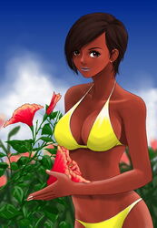  bikini brown_eyes brown_hair dark-skinned_female dark_skin day dead_or_alive female flower hibiscus hybrid_cat lipstick lisa_hamilton makeup nail_polish short_hair solo swimsuit very_dark_skin yellow_bikini 