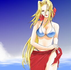  bikini blonde_hair blue_eyes breasts cleavage dead_or_alive female hair_between_eyes hair_ribbon helena_douglas hybrid_cat large_breasts lipstick long_hair looking_at_viewer makeup o-ring o-ring_bikini ocean red_sarong ribbon sarong solo swimsuit very_long_hair 