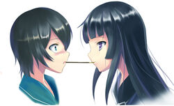  2girls bad_id bad_pixiv_id black_hair blunt_bangs blush crazyodin food ga-rei ga-rei_zero green_eyes isayama_yomi long_hair multiple_girls photoshop_(medium) pocky pocky_kiss purple_eyes shared_food short_hair surprised tsuchimiya_kagura 