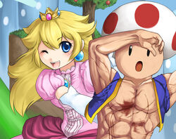  bad_id bad_pixiv_id blonde_hair blue_eyes brooch crown dress earrings female gloves jewelry long_hair manly mario_(series) muscular one_eye_closed photoshop_(medium) pink_dress princess_peach red_toad_(mario) rike_(pixiv) shield sphere_earrings super_smash_bros. toad_(mario) 