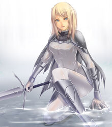  armor bad_id bad_pixiv_id blonde_hair blue_eyes bodysuit boots claymore_(series) dietrich female grey_eyes knee_boots on_one_knee shokuyou_mogura solo sword water weapon wet wet_clothes 