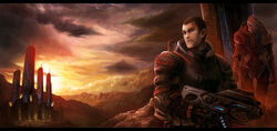  2boys alien armor brown_eyes brown_hair commander_shepard commander_shepard_(male) commentary_request gun letterboxed male_focus mass_effect_(series) mass_effect_1 mountain multiple_boys n7_armor nihlus_kryik outdoors photoshop_(medium) rifle sky turian weapon yansun 