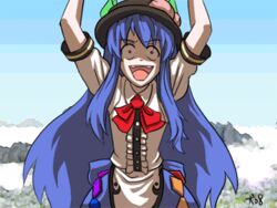  animated animated crazy_eyes crazy_smile female hat higurashi_no_naku_koro_ni hinanawi_tenshi jigoku_inu keystone long_hair lowres parody rock rope shaded_face shimenawa signature smile solo touhou 