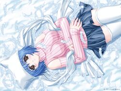  asuka_pyon blue_hair blush brown_eyes detached_sleeves feathers female hat impossible_clothes impossible_shirt kitazato_shigure lying on_back shirt short_hair skirt snow_(game) solo striped thighhighs white_thighhighs zettai_ryouiki 