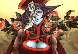  blue_hair blue_skin blush breasts cleavage cleavage_cutout clothing_cutout coga colored_skin commentary_request female flipped_hair flower hat jiangshi large_breasts lei_lei ofuda photoshop_(medium) qingdai_guanmao short_hair solo traditional_media vampire_(game) zombie 