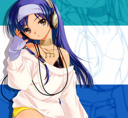  blue_hair brown_eyes commentary_request female headband headphones idolmaster idolmaster_(classic) idolmaster_1 jewelry kisaragi_chihaya long_hair musical_note nano00 necklace photoshop_(medium) shorts solo sweater yellow_shorts 