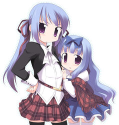  2girls :o amatsuka_tsurara amatsuka_watayuki baby_princess belt black_thighhighs blue_hair blush dress hair_ornament hair_ribbon hand_on_own_hip kagura_yuuki lolicon long_hair miniskirt multiple_girls photoshop_(medium) plaid plaid_skirt pleated_skirt purple_eyes ribbon shawl siblings simple_background skirt standing thighhighs twintails very_long_hair white_thighhighs zettai_ryouiki 