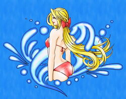  ass bikini blonde_hair blue_eyes bow dead_or_alive female hairbow helena_douglas hybrid_cat long_hair ponytail solo swimsuit water 