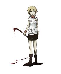  ankle_boots black_skirt blonde_hair blood blue_eyes boots breast_pocket commentary_request female full_body hair_over_one_eye heather_mason hood hood_down lead_pipe miniskirt pencil_skirt pocket short_hair silent_hill_(series) silent_hill_3 simple_background skirt sleeveless solo standing swept_bangs vest white_background wristband yuuki_(yuuki333) 