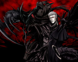  1boy animal bird claws coat commentary_request crow demon grey_hair male_focus melty_blood monster nrvnqsr_chaos painfultree photoshop_(medium) red_background red_eyes red_sky sky solo teeth tsukihime vampire 