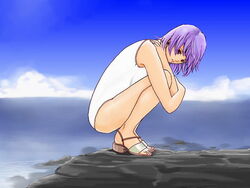  ayane_(doa) cloud day dead_or_alive female hybrid_cat ocean one-piece_swimsuit outdoors purple_hair red_eyes sandals short_hair sky solo swimsuit white_one-piece_swimsuit 