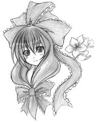  eku female flower front_ponytail greyscale kagiyama_hina monochrome solo touhou traditional_media 