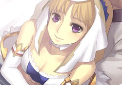  1boy ar_tonelico ar_tonelico_ii blonde_hair blush breasts chroah_vatel chroche_latel_pastalie cleavage elbow_gloves female from_above game_cg gloves hair_ornament hug medium_breasts nagi_ryou purple_eyes smile 