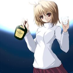  alcohol arcueid_brunestud blonde_hair commentary_request dated_commentary female kuronekogata long_skirt melty_blood purple_skirt red_eyes short_hair skirt solo suntory sweater tsukihime turtleneck whiskey 