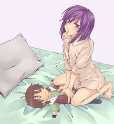  1boy androgynous bad_id bad_pixiv_id barefoot bed blue_eyes brown_hair character_doll doll gundam gundam_00 hitori_(edge) lockon_stratos male_focus neil_dylandy otoko_no_ko pillow purple_eyes purple_hair sexually_suggestive short_hair solo stuffed_toy tieria_erde toy 