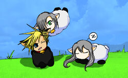  3boys animal_ears biting blonde_hair blue_eyes chibi cloud_strife collar final_fantasy final_fantasy_vii final_fantasy_vii_advent_children green_eyes grey_hair kadaj multiple_boys one_eye_closed sheep yazoo 