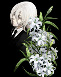  1boy bad_id bad_pixiv_id black_background black_theme casshern_(series) casshern_sins dio_(casshern_sins) flower formal lily_(flower) male_focus scar scar_across_eye scar_on_face solo suit white_hair zuwai_kani 