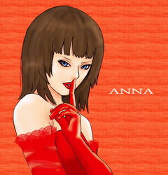  anna_williams bare_shoulders blue_eyes breasts brown_hair character_name dress elbow_gloves female finger_to_mouth from_side gloves hand_up hybrid_cat index_finger_raised jpeg_artifacts lace lace-trimmed_gloves lace_trim lipstick looking_at_viewer looking_to_the_side makeup parted_lips red_background red_dress red_gloves red_lips short_hair shushing simple_background small_breasts straight_hair strapless strapless_dress tekken upper_body 